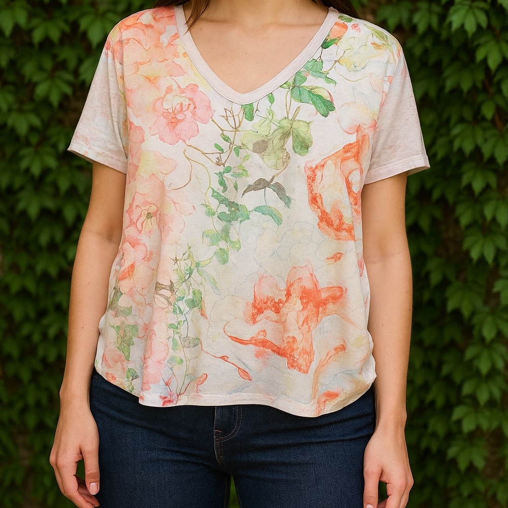 BOBEAU High/Low Hem Floral Contrast Tee, 3X